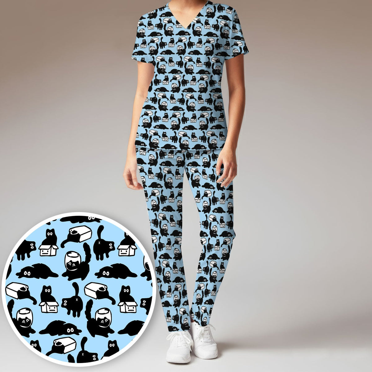 Dark Playful Cat Cartoon Pattern Scrub Set, Breathable Med Uniform