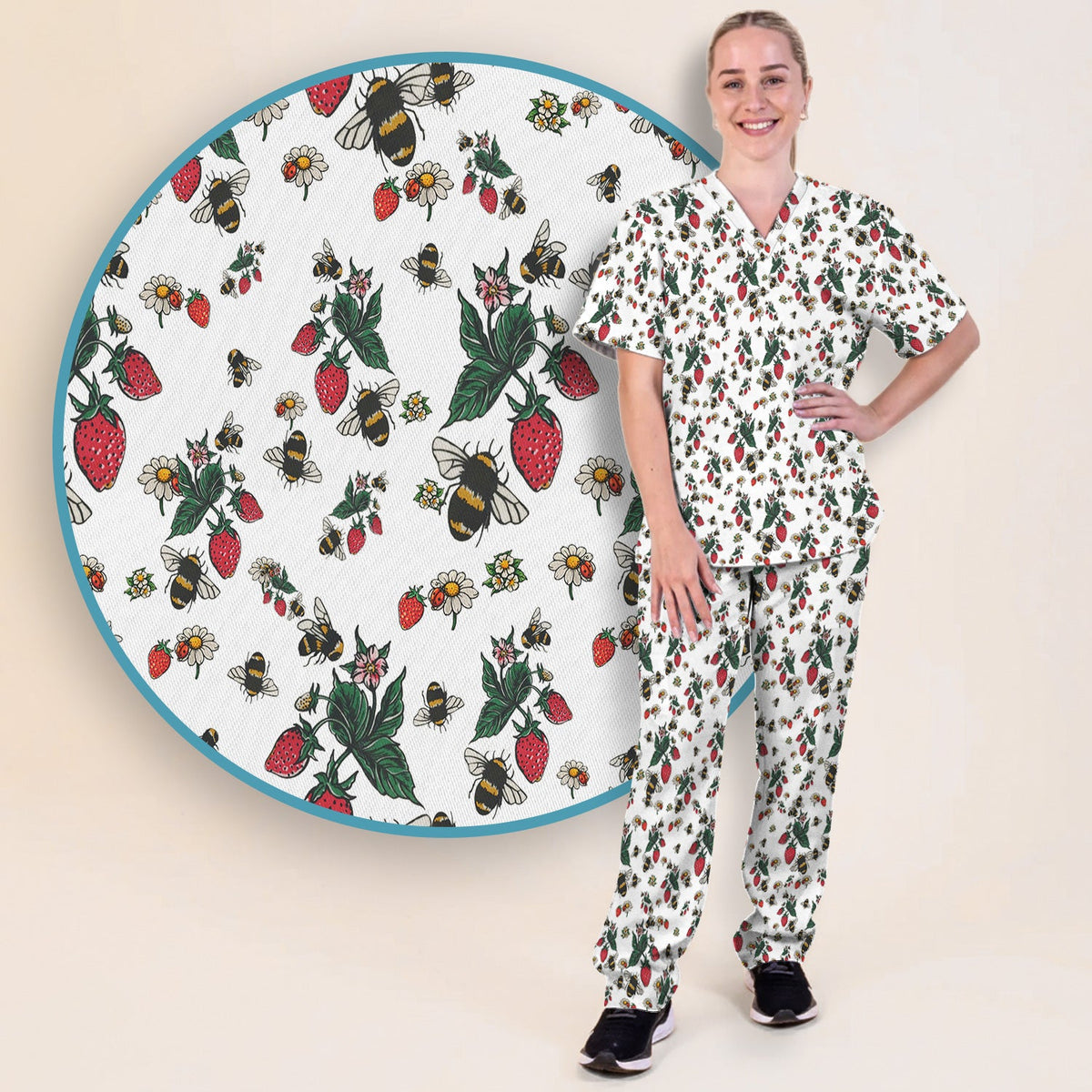 Strawberry Bee Daisy Nurse Scrub Set