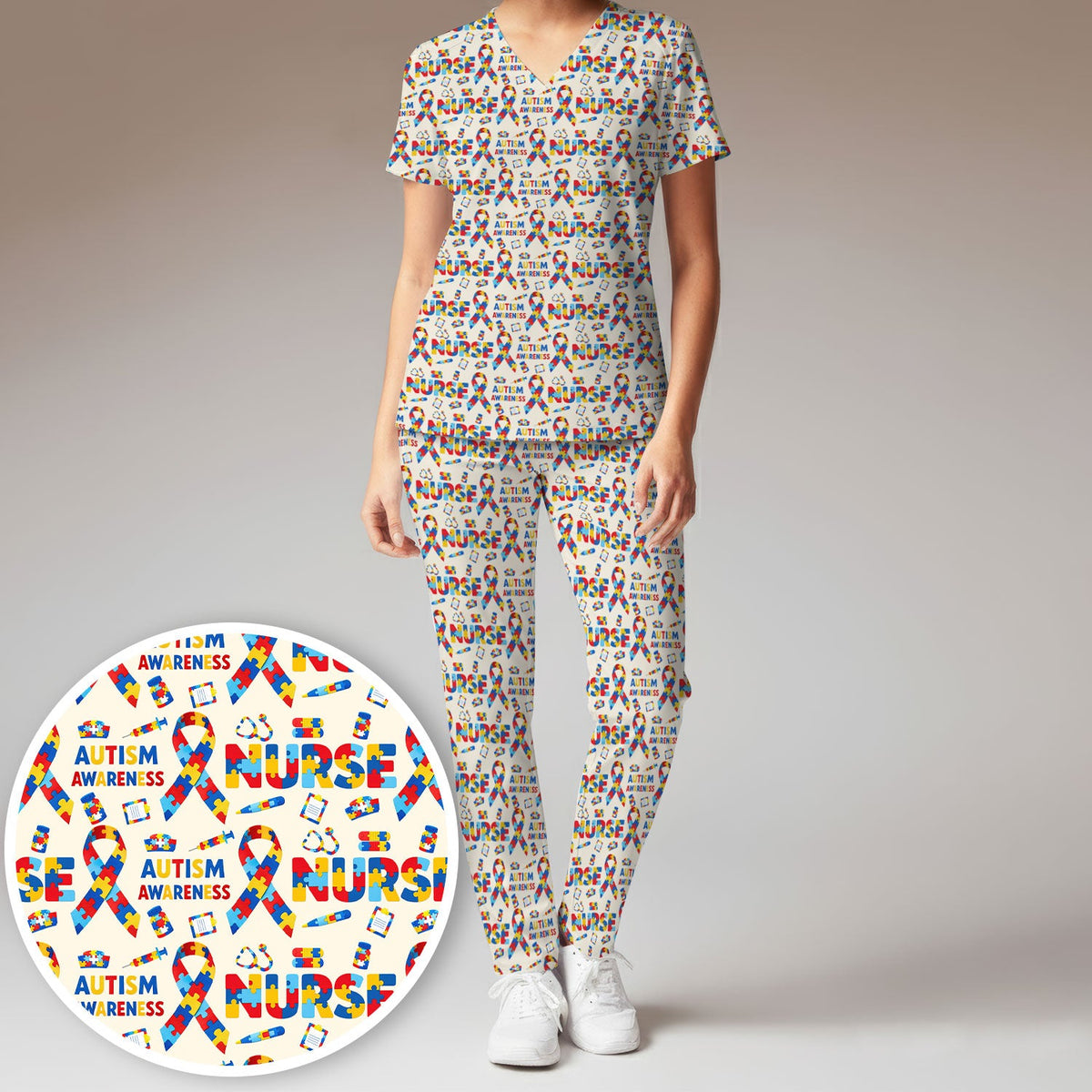 Autism Awareness Puzzle Ribbon Nurse Scrub Set