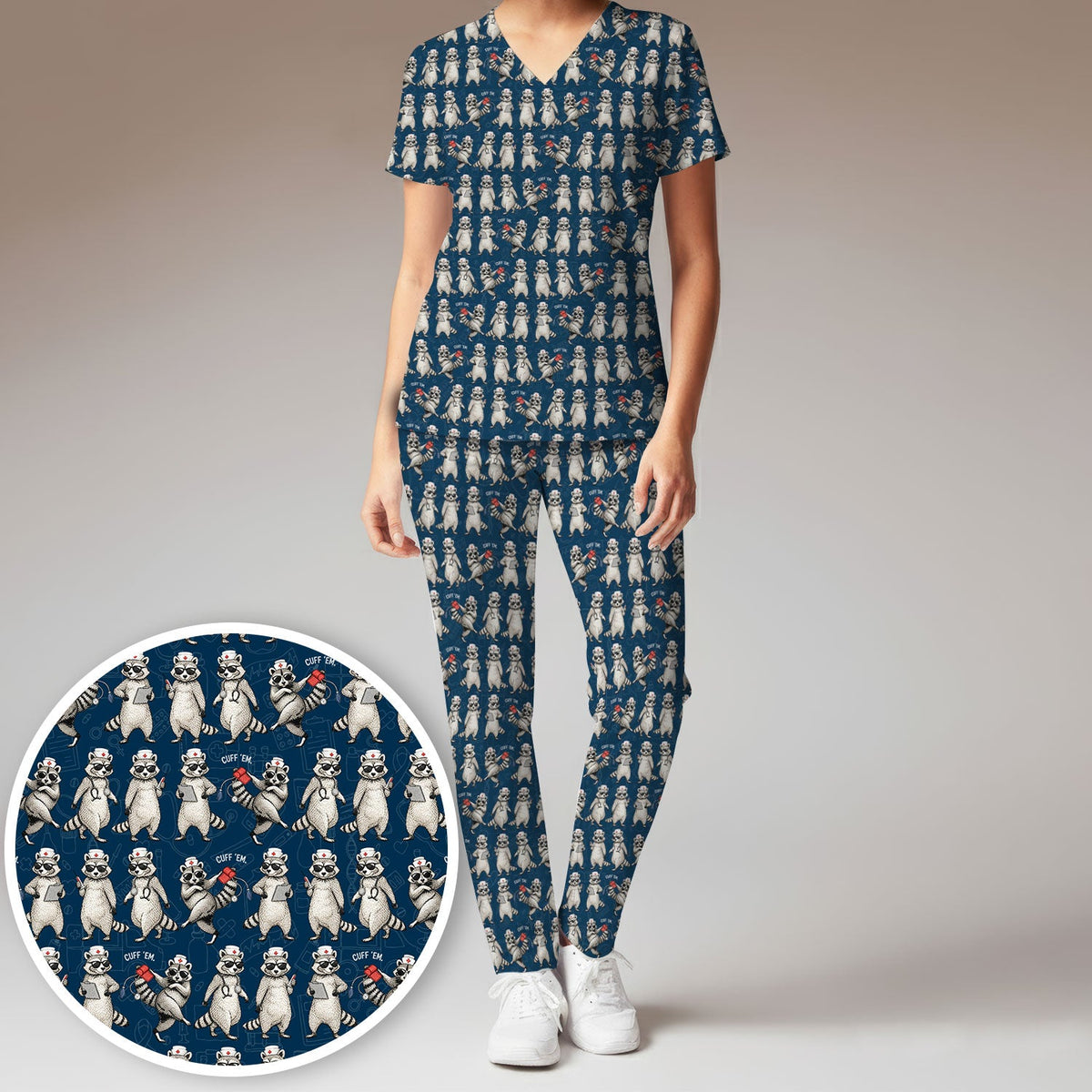 Raccoon Pattern Nurse Scrub Set