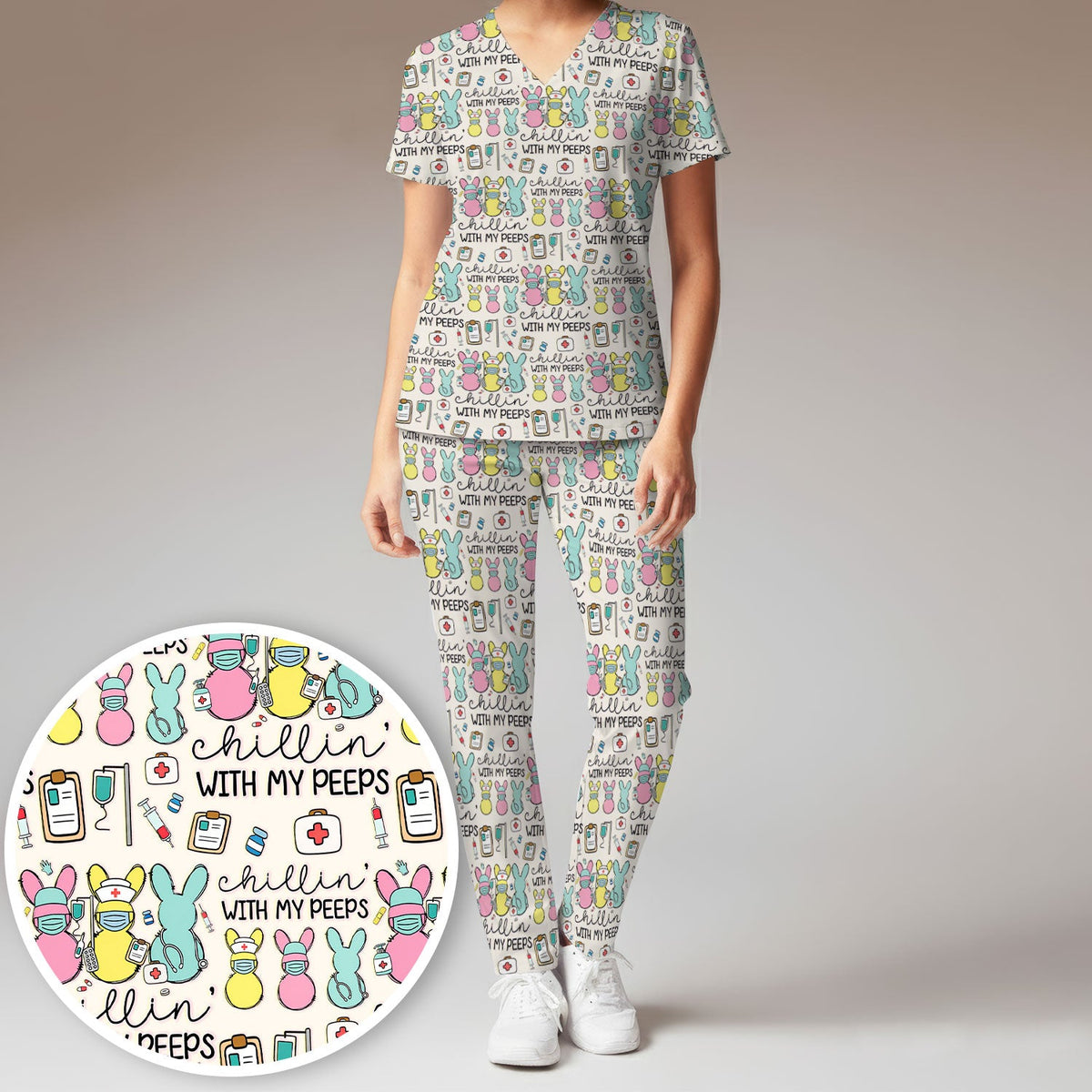 Bunny Nurse Chillin With My Peeps Scrub Set - Easter Gift