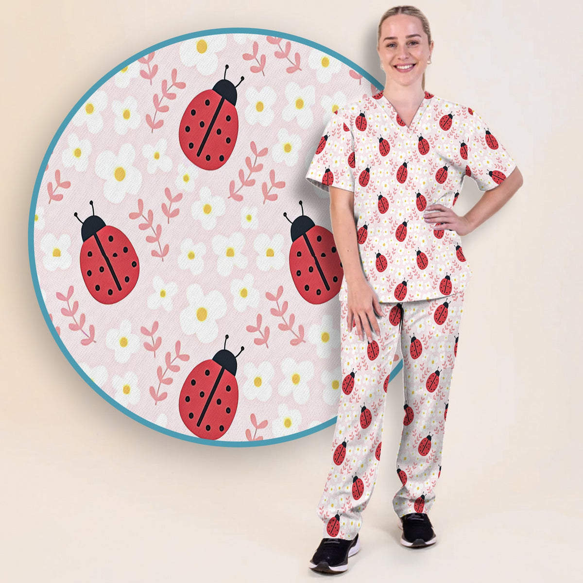 Lovely Ladybug Blossom Garden Nurse Scrub Set