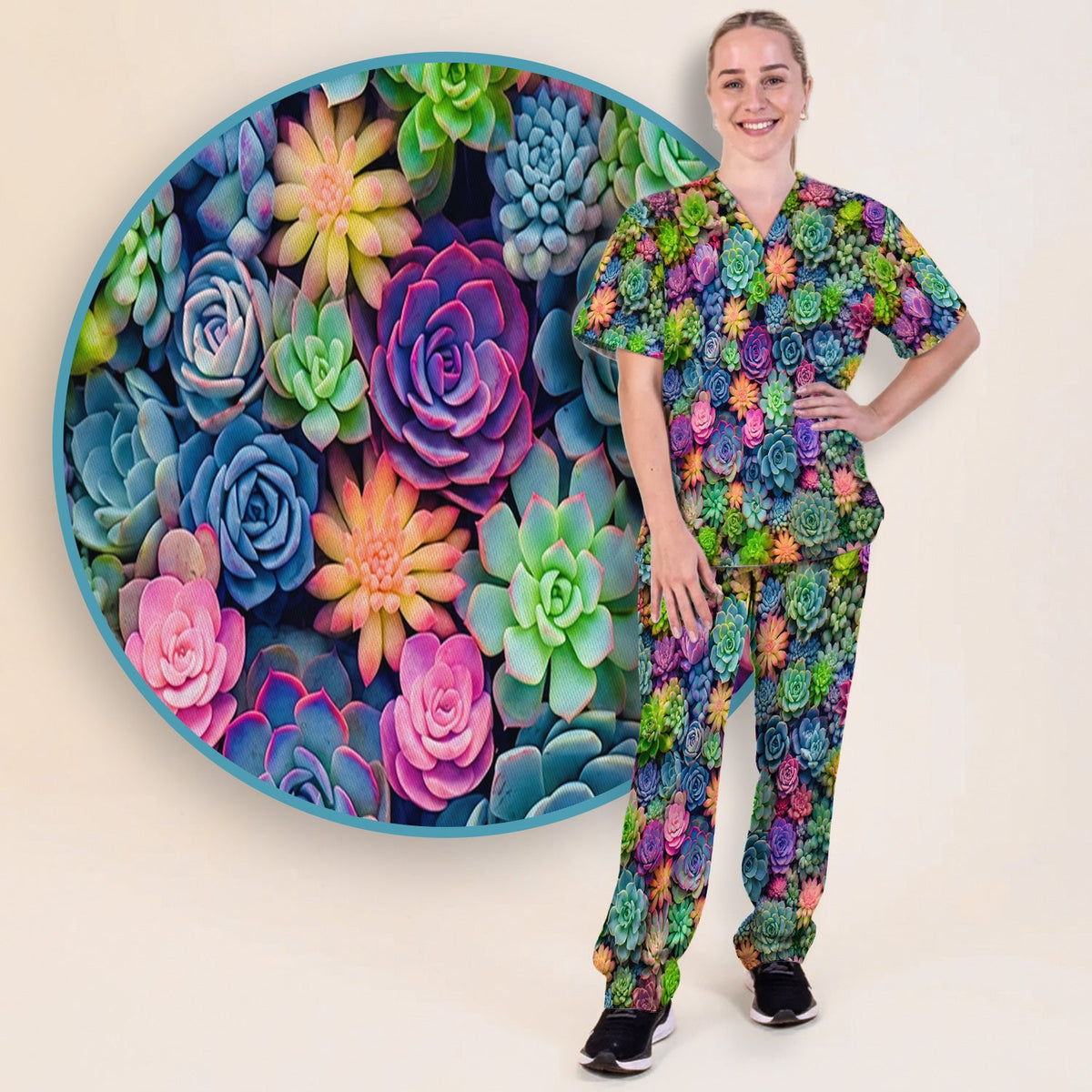 Boho Succulent Flower Nurse Scrub Set
