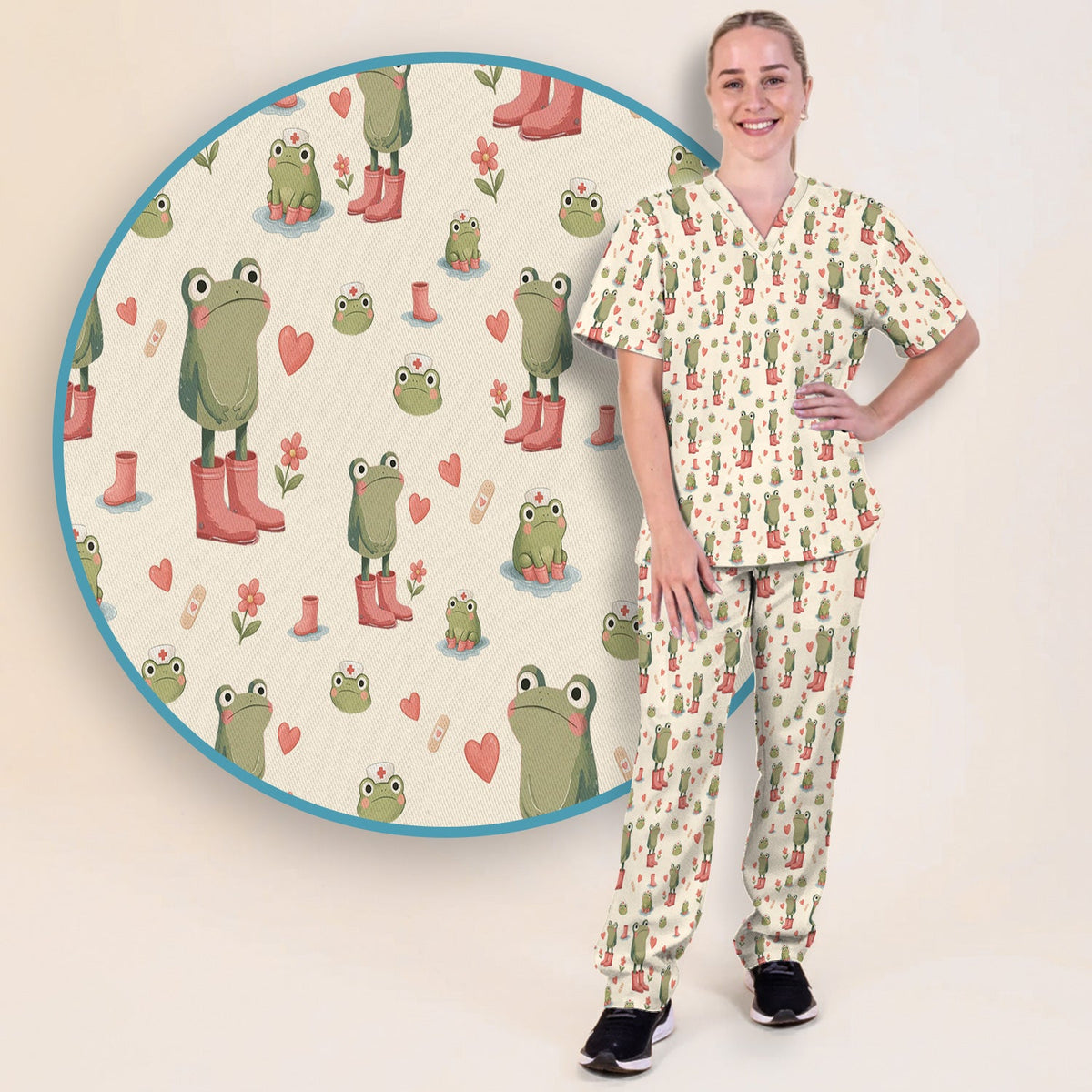 Adorable Frog Boots Heart Nurse Scrub Set