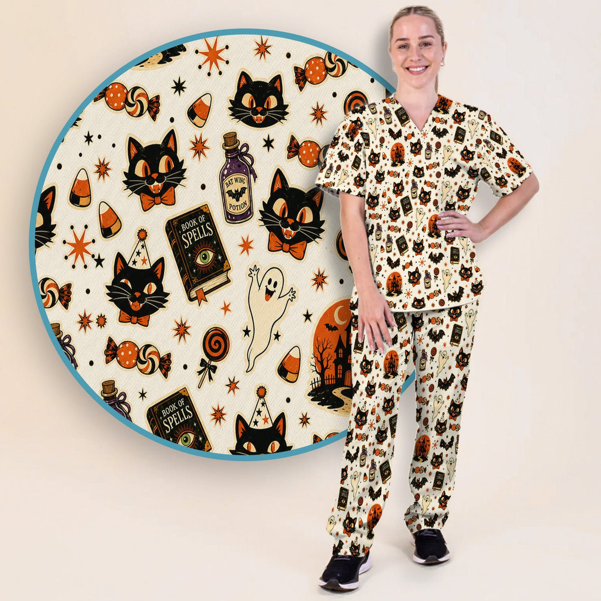 Black Cat Ghost Candy Nurse Scrub Set - Halloween Gift