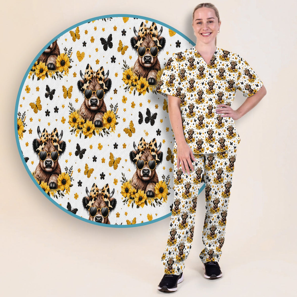 Cow Sunflower Bow Nurse Scrub Set