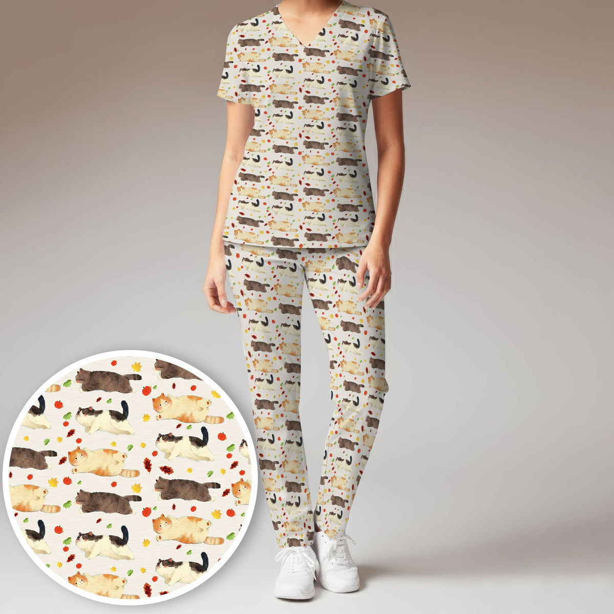 Chubby Cat Autumn Leaves Nurse Scrub Set