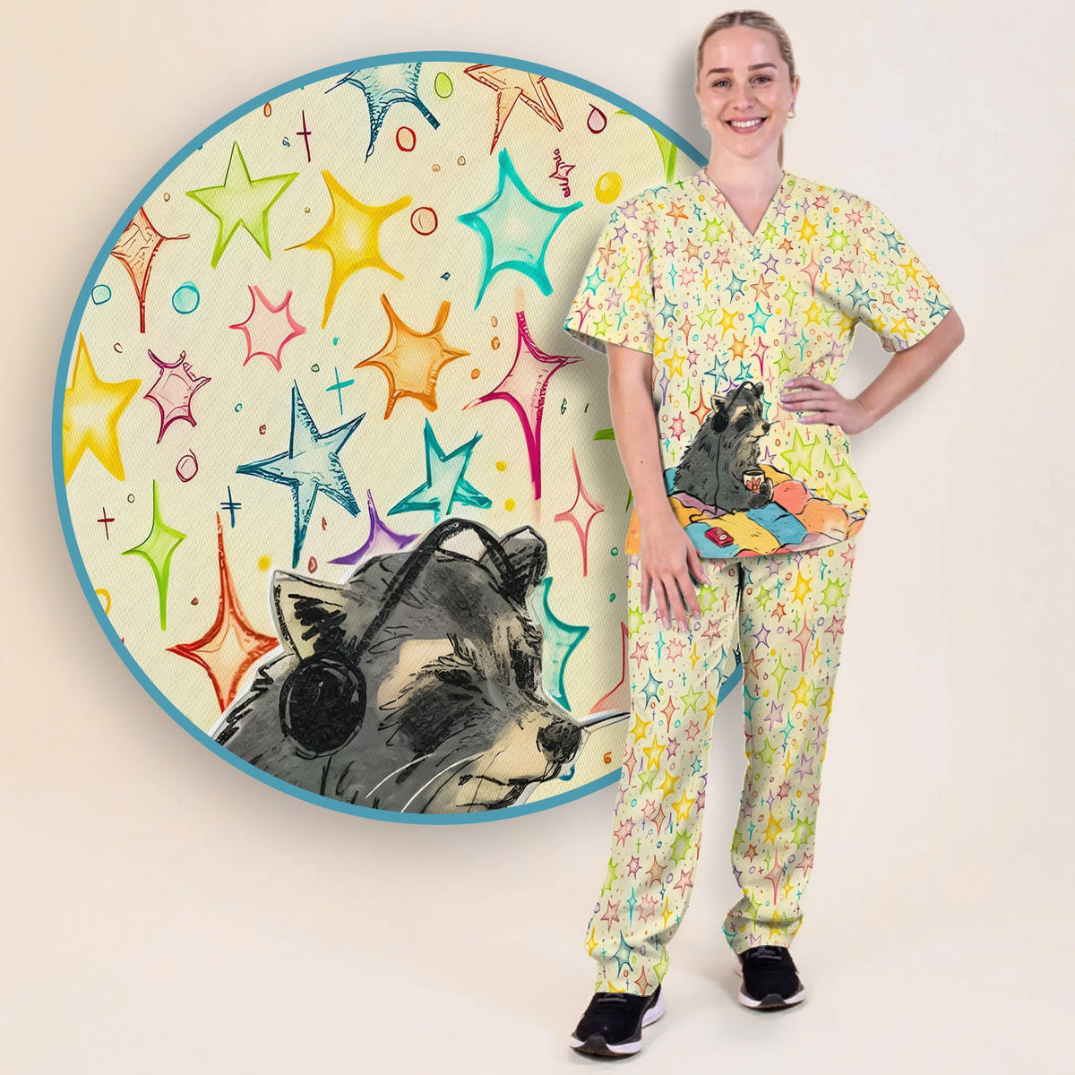 Chill Raccoon Starry Music Nurse Scrub Set