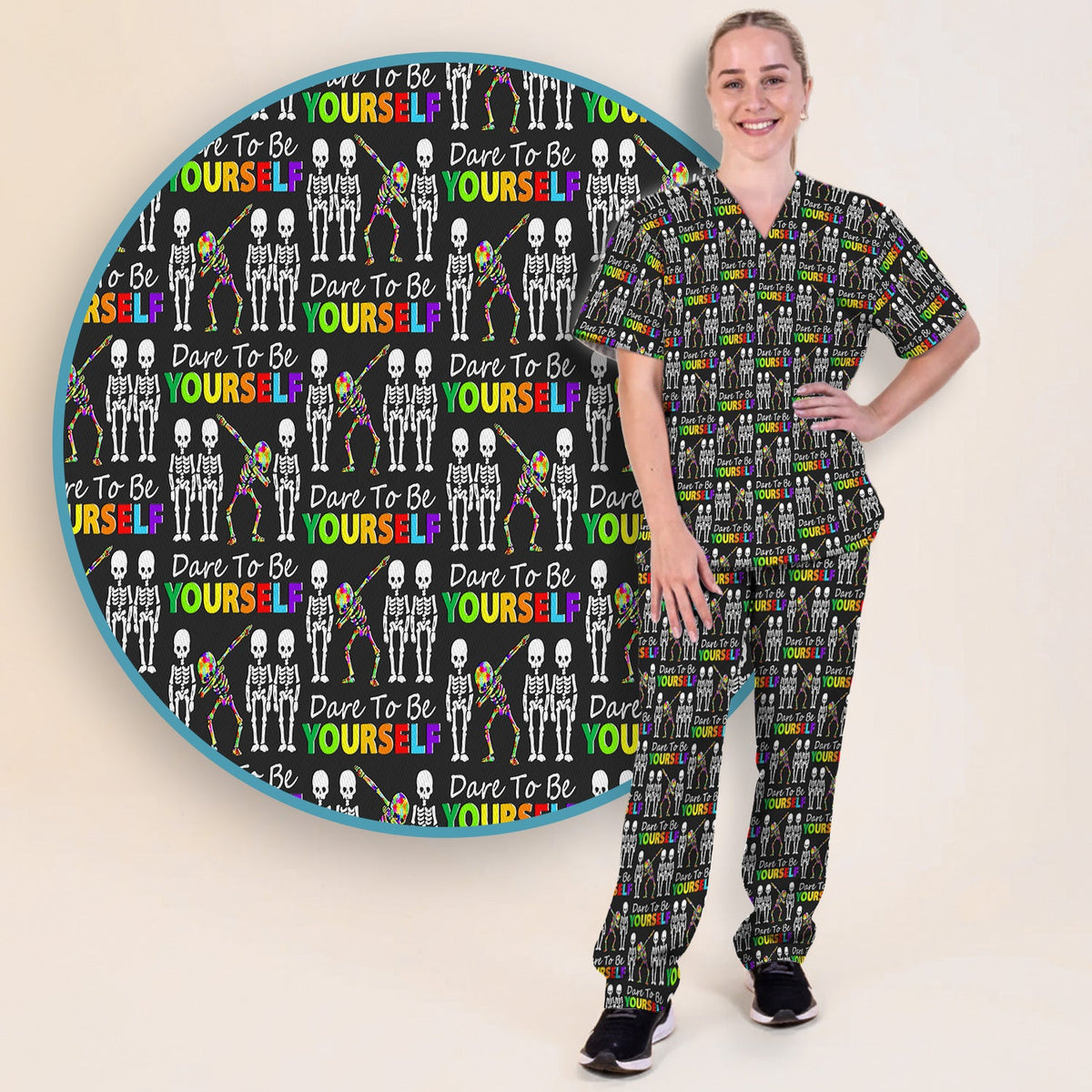 Rainbow Skeleton Dare To Be Yourself Nurse Scrub Set