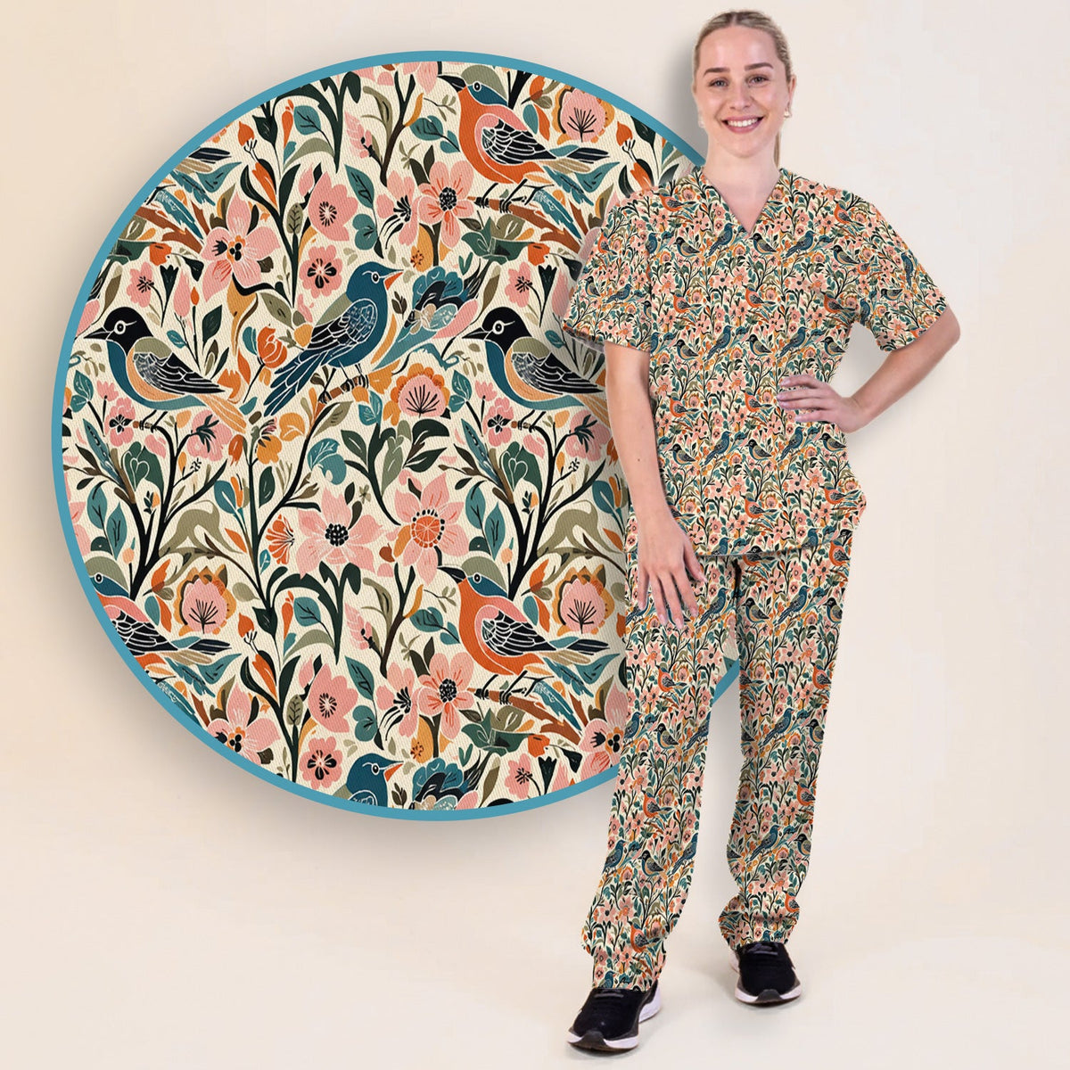 Folk Art Songbird Floral Nurse Scrub Set