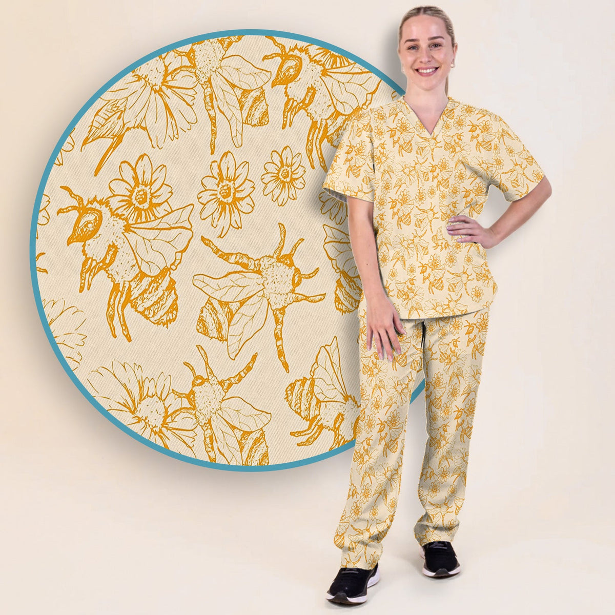 Honey Bee Flower Sketch Nurse Scrub Set