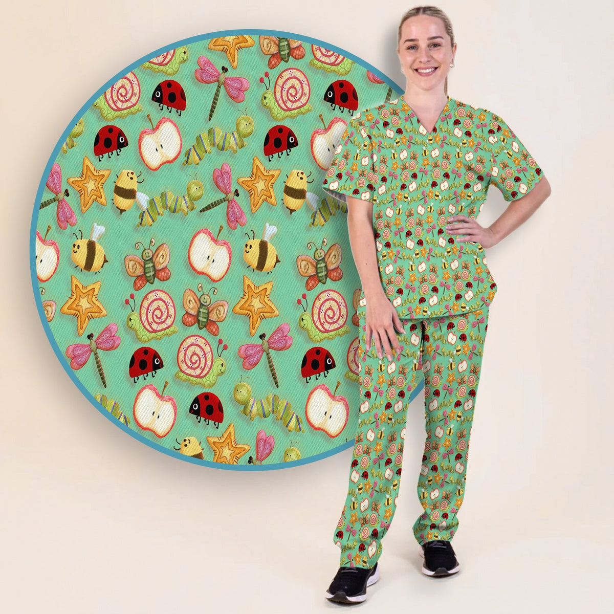 Snail Ladybug Caterpillar Apple Garden Nurse Scrub Set