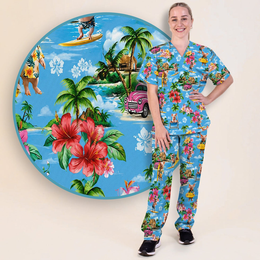 Tropical Surfing Pig Beach Nurse Scrub Set