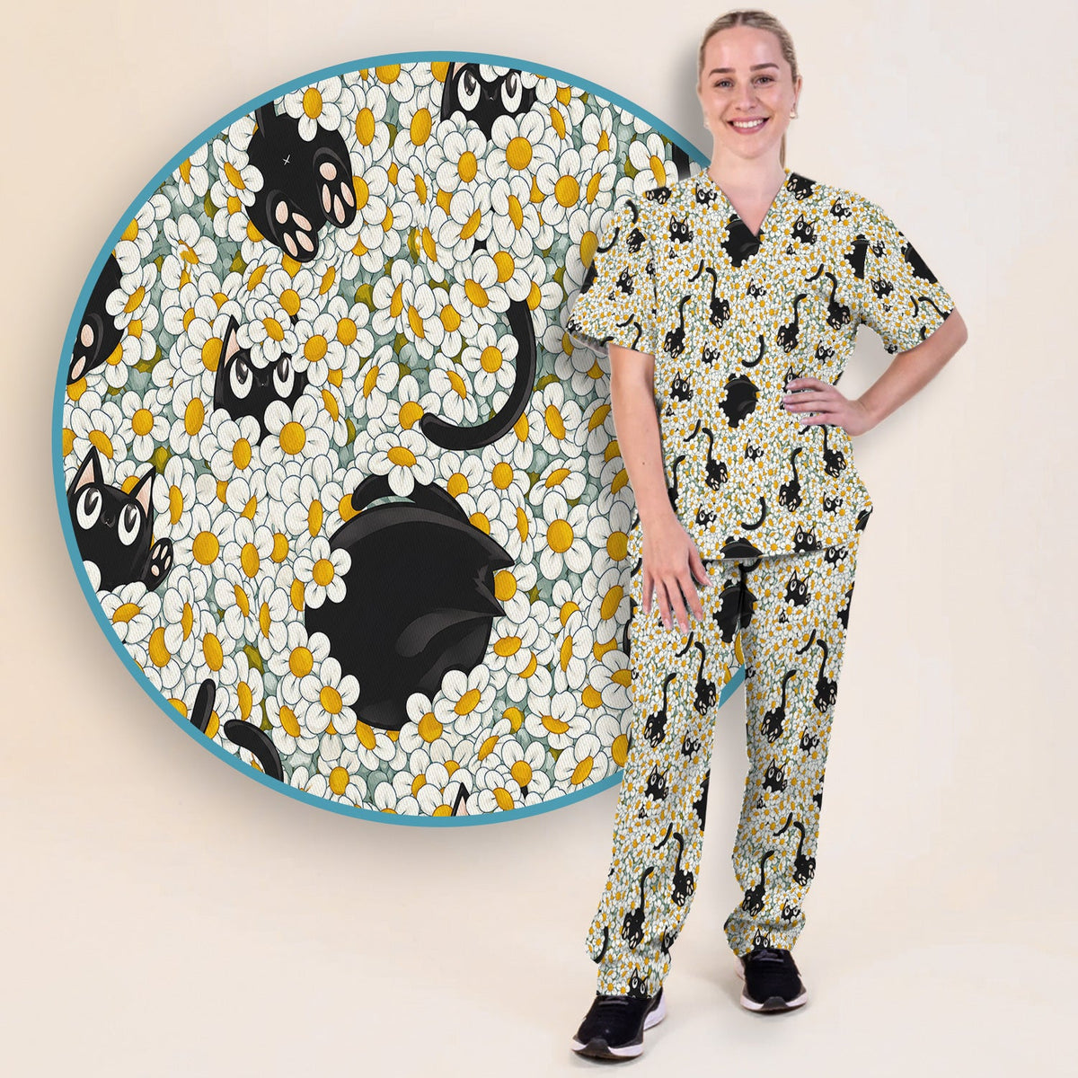 Daisy Black Cat Nurse Scrub Set