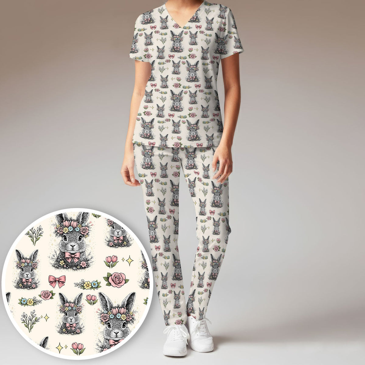Vintage Floral Bunny Nurse Scrub Set