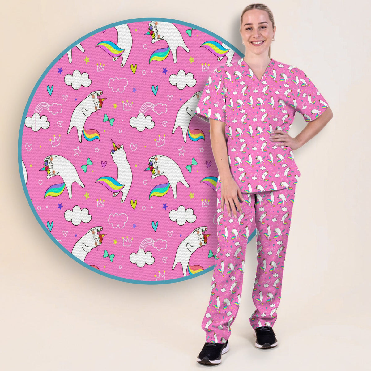 Unicorn Cat Rainbow Tail Clouds Nurse Scrub Set