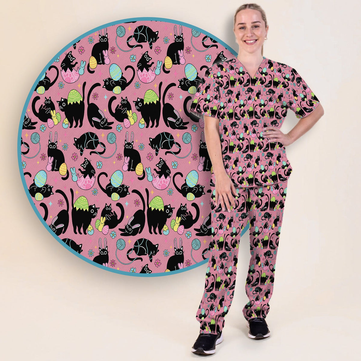 Funny Easter Black Cat Egg Pattern Scrub Set, Scrub Pants and V Neck Top