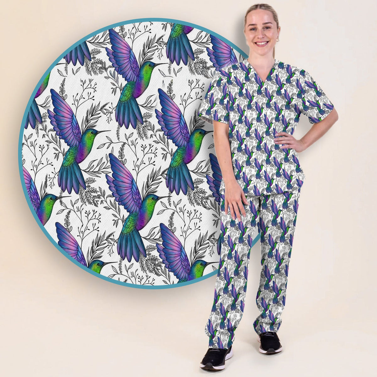 Colorful Hummingbird Botanical Nurse Scrub Set