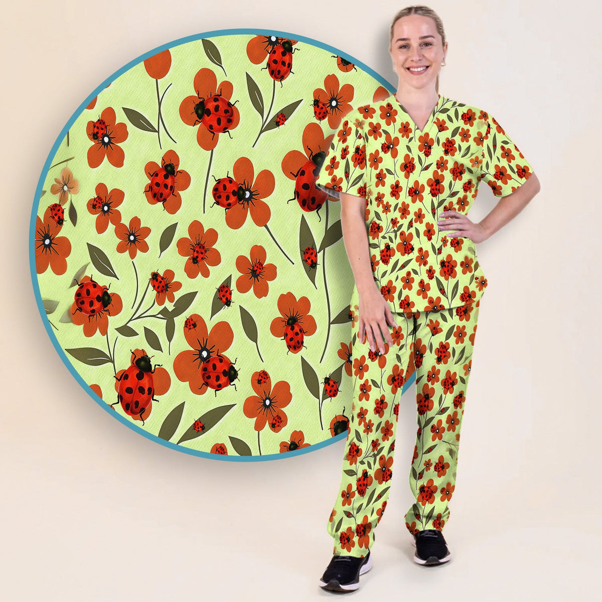 Ladybug Orange Floral Garden Nurse Scrub Set