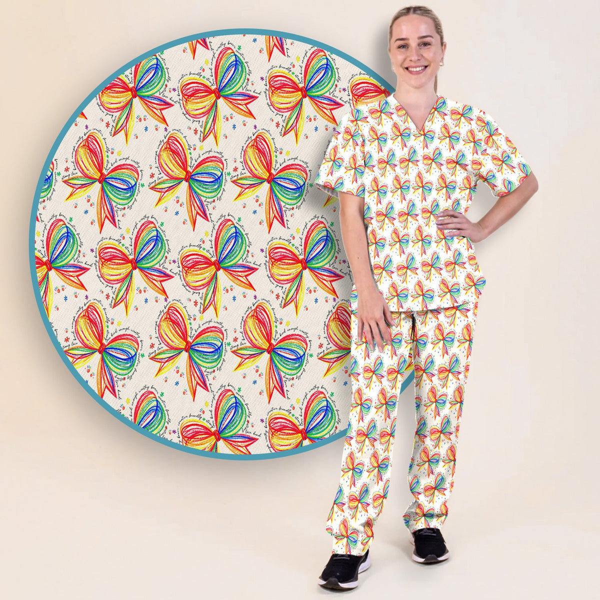 Colorful Rainbow Bow Nurse Scrub Set