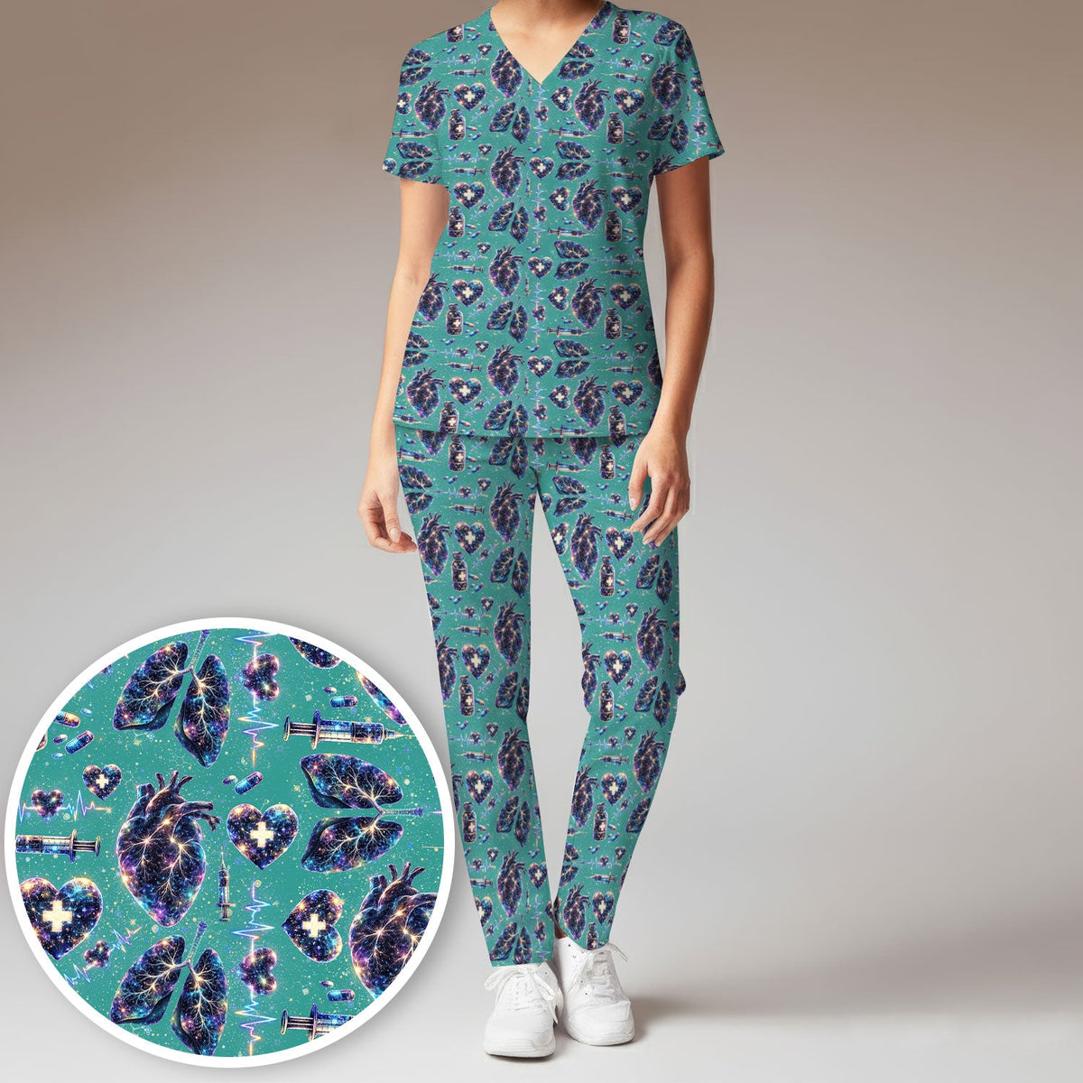 Galaxy Anatomical Heart Lung Syringe Nurse Scrub Set