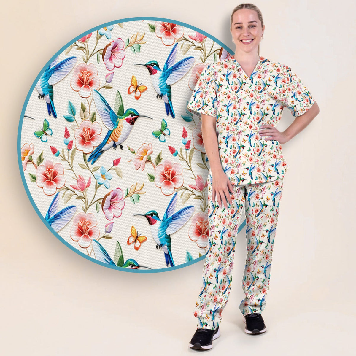 Hummingbird Blossom Butterfly Nurse Scrub Set