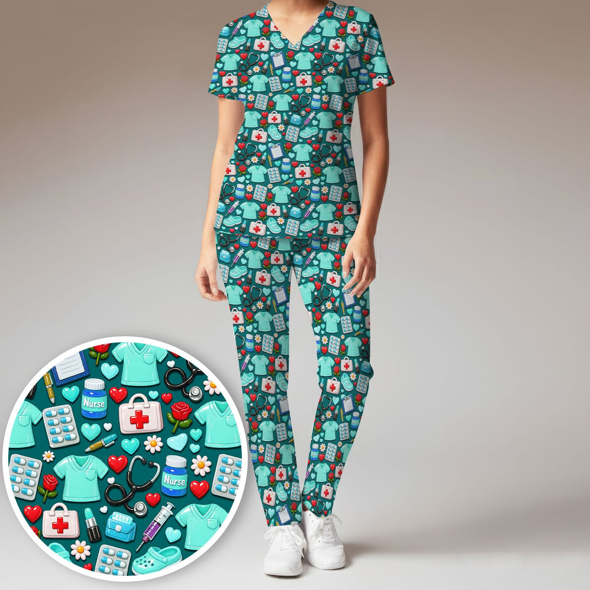 Medical Icons Scrub Set, Cute Pattern Nurse Shirt, Breathable Fabrics Nursing Uniform