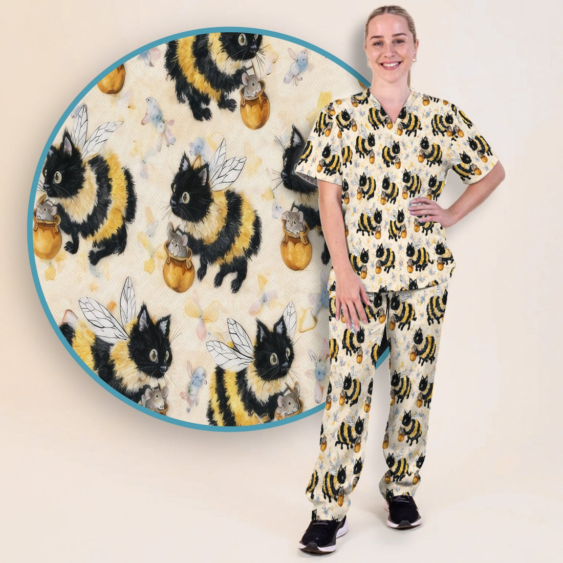 Adorable Bumblebee Cat Honey Jar Nurse Scrub Set