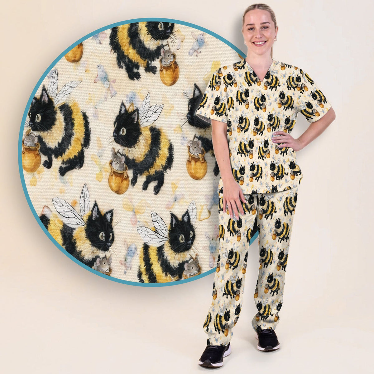 Adorable Bumblebee Cat Honey Jar Nurse Scrub Set