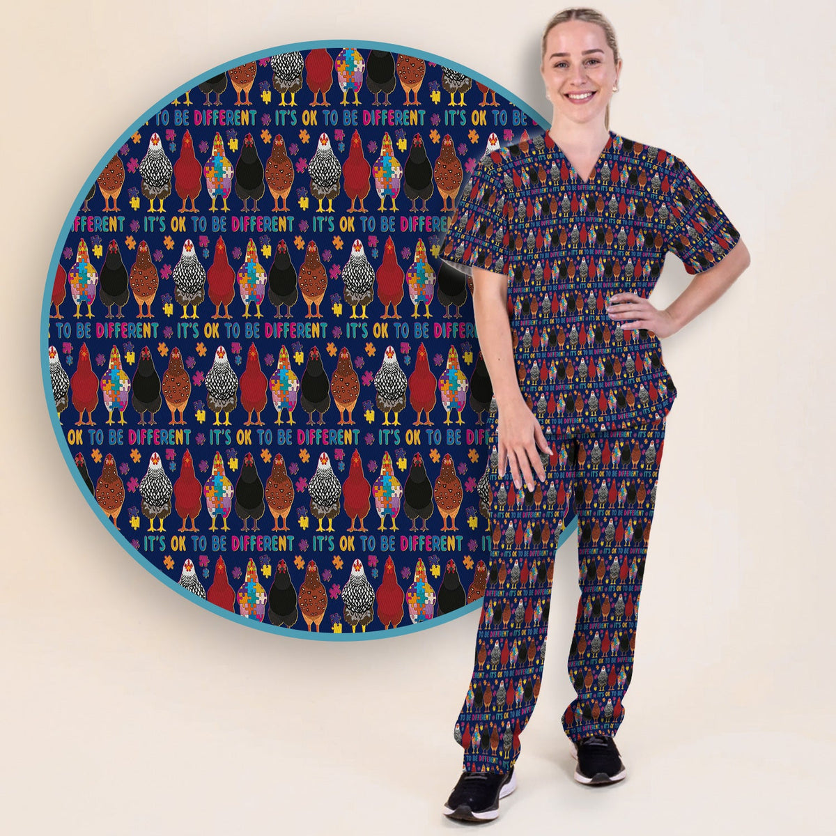 Autism Chicken It's OK To Be Different Nurse Scrub Set