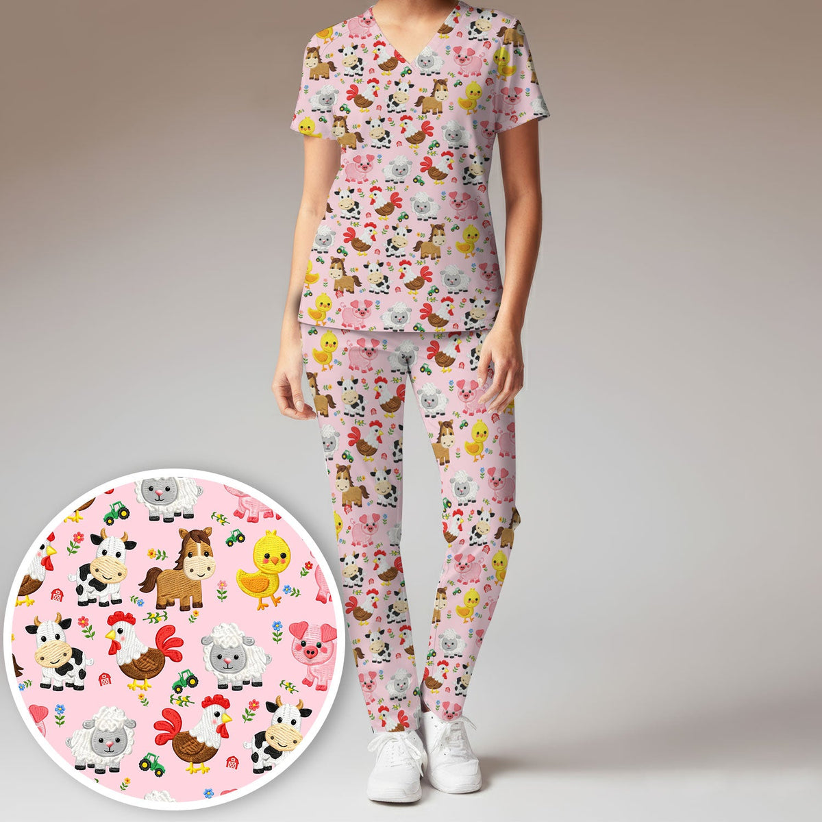 Cartoon Farm Animal Nurse Scrub Set
