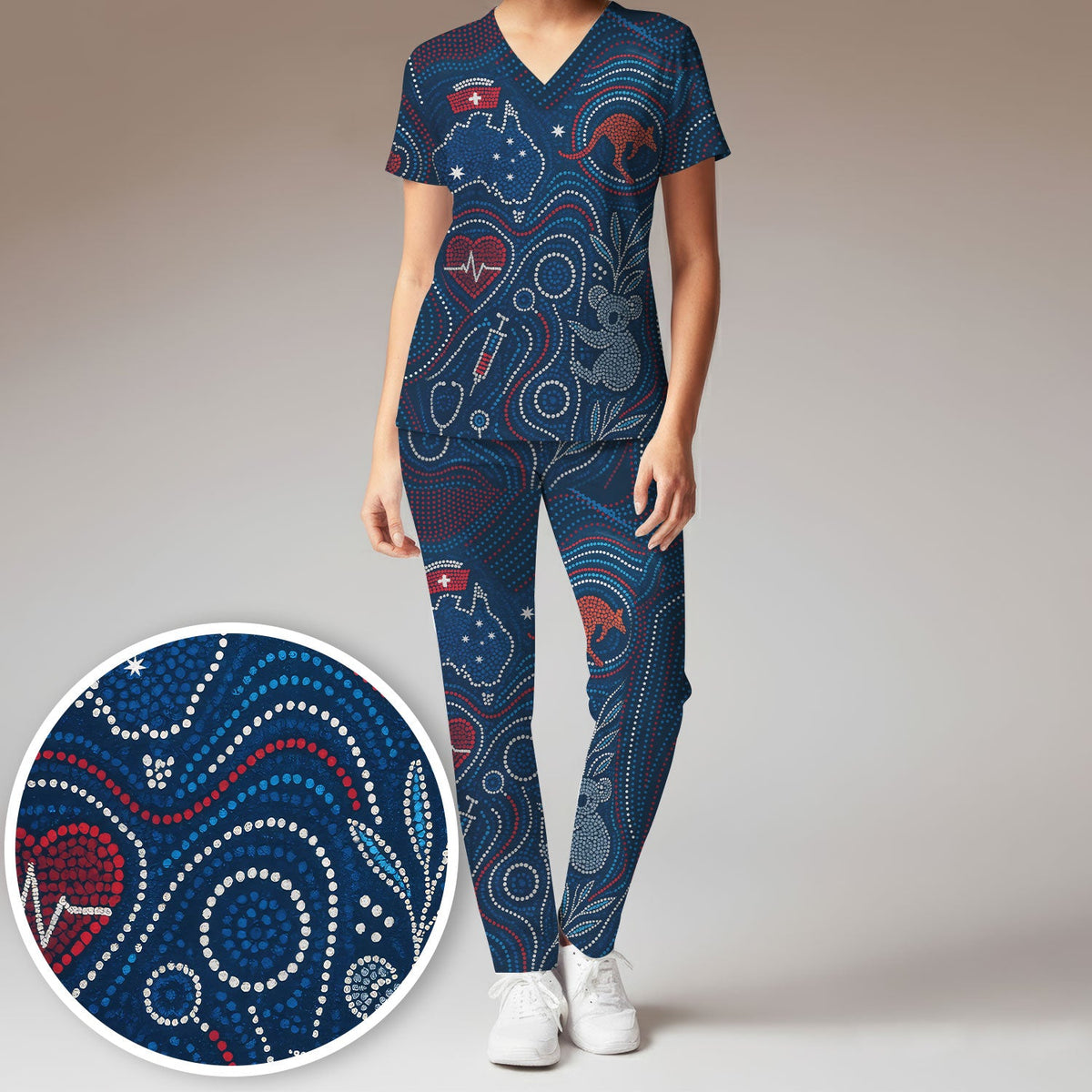 Aboriginal Dot Art Nurse Scrub Set, Australian Kangaroo With Koala Pattern Shirt,  Breathable Fabrics Nursing Uniform
