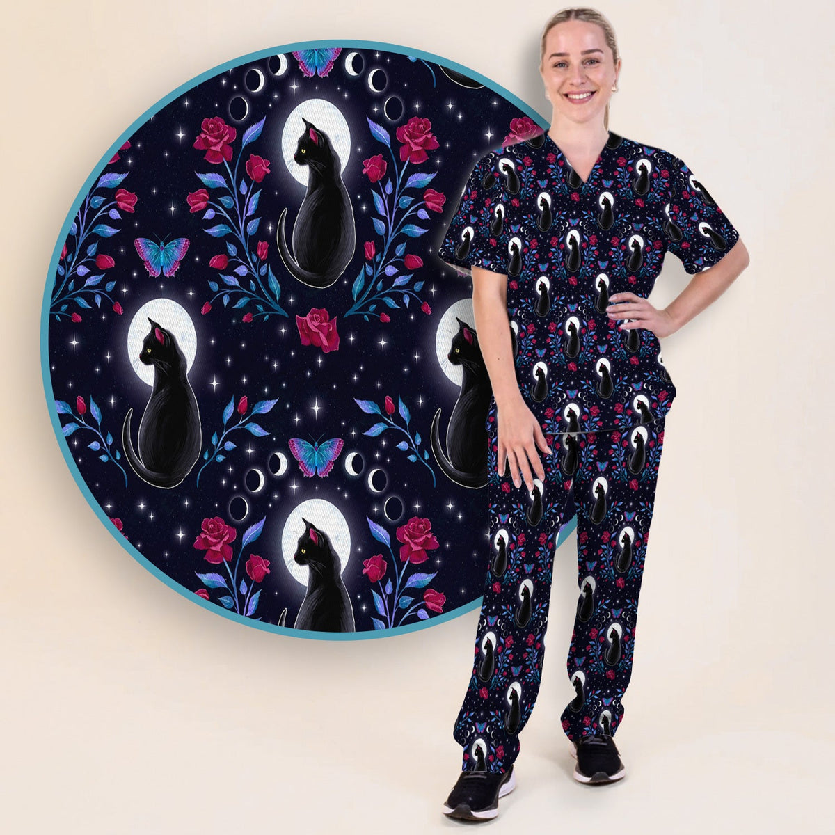 Black Cat Moon Rose Nurse Scrub Set
