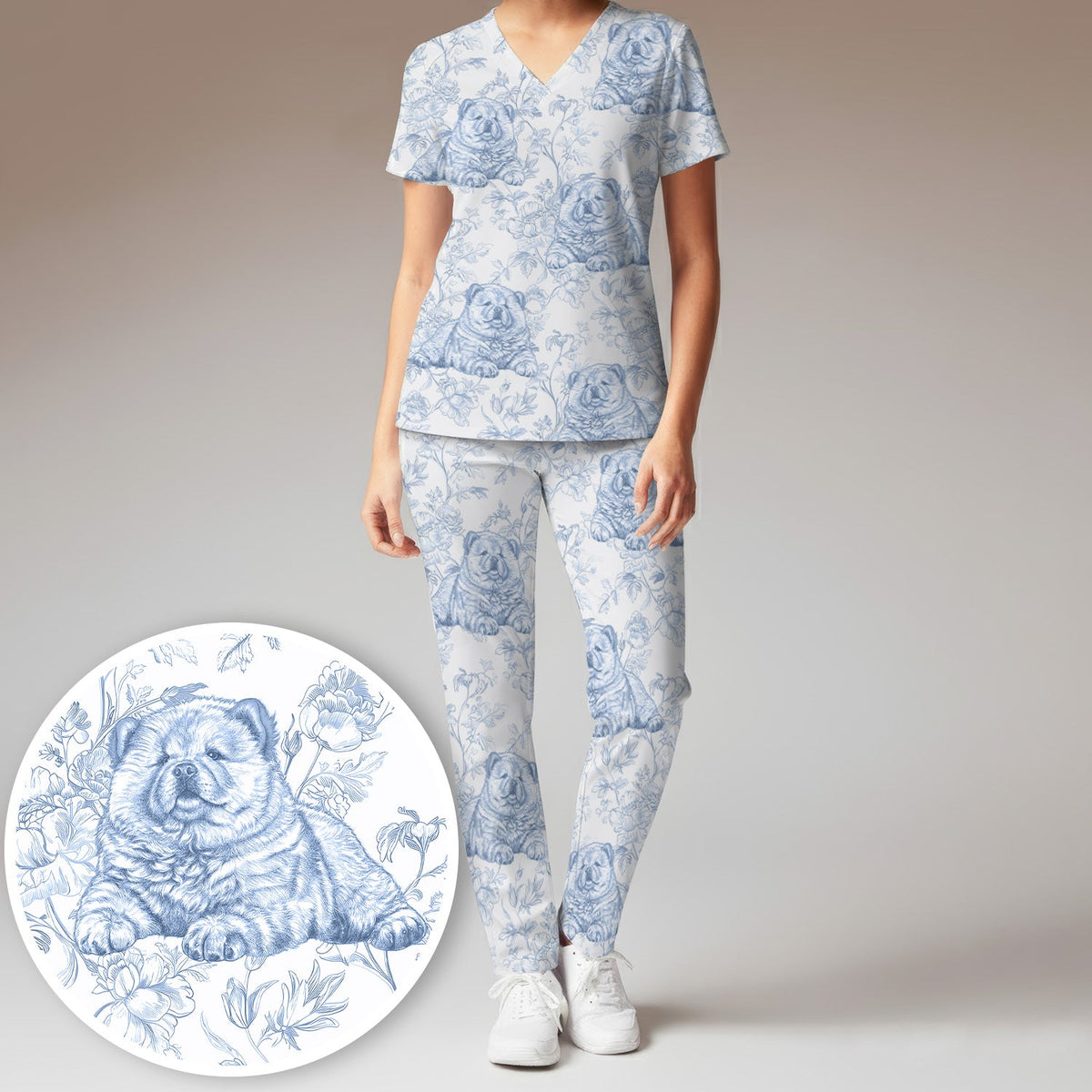 Dog Cat Chinoiserie Nurse Scrub Set