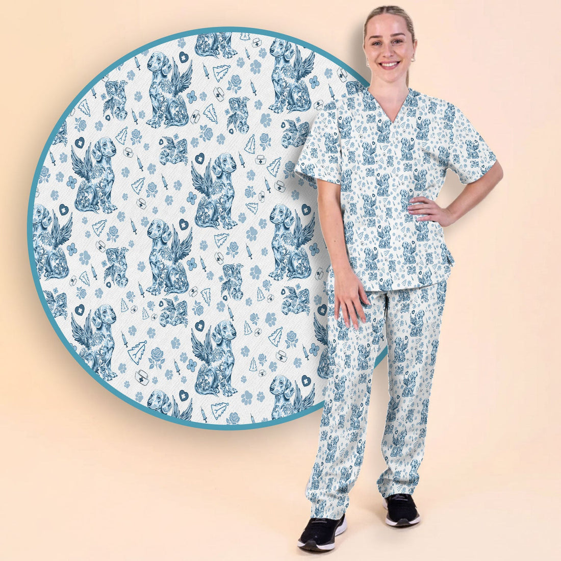 Toile De Jouy Dachshund Angel Nurse Scrub Set
