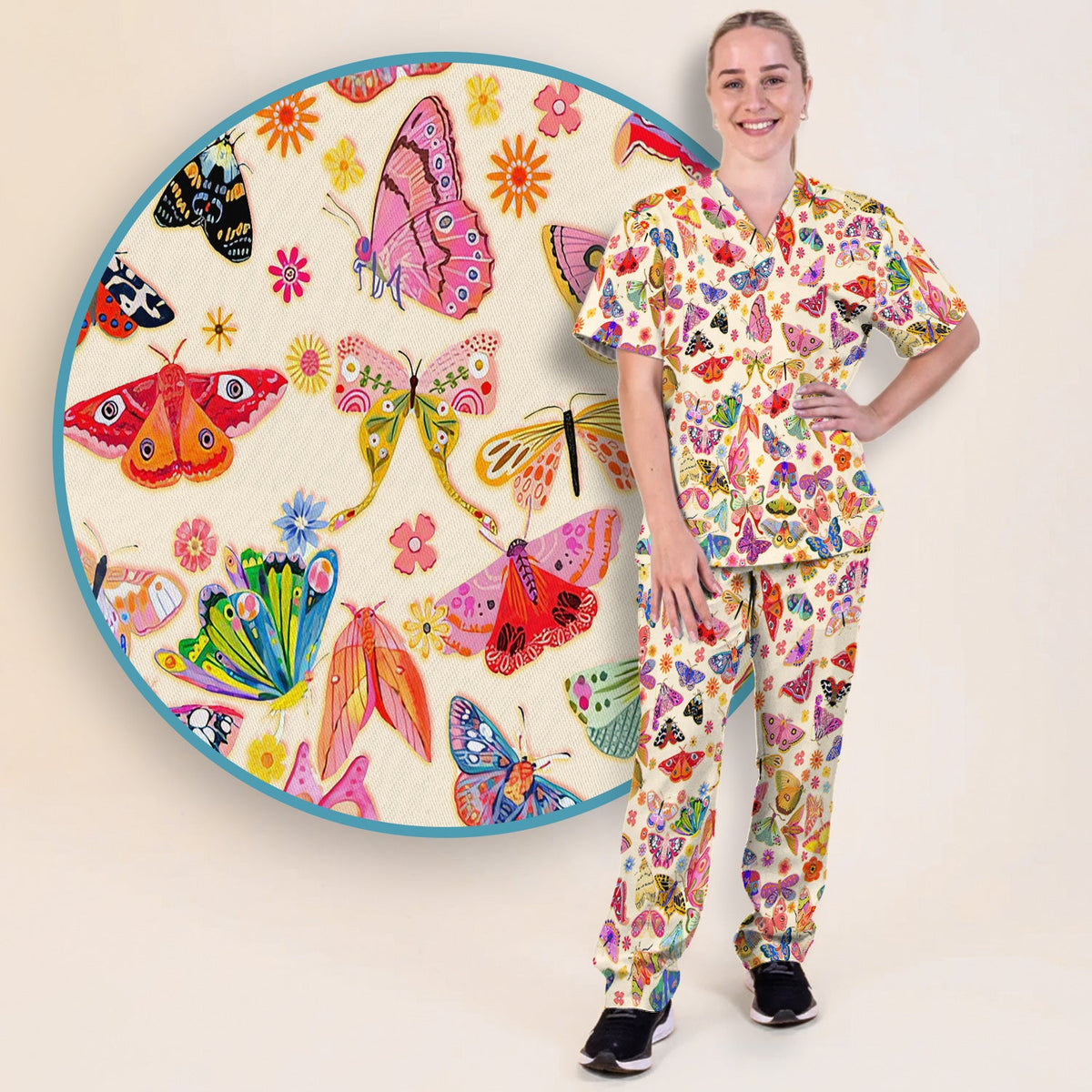 Colorful Butterfly Floral Nurse Scrub Set