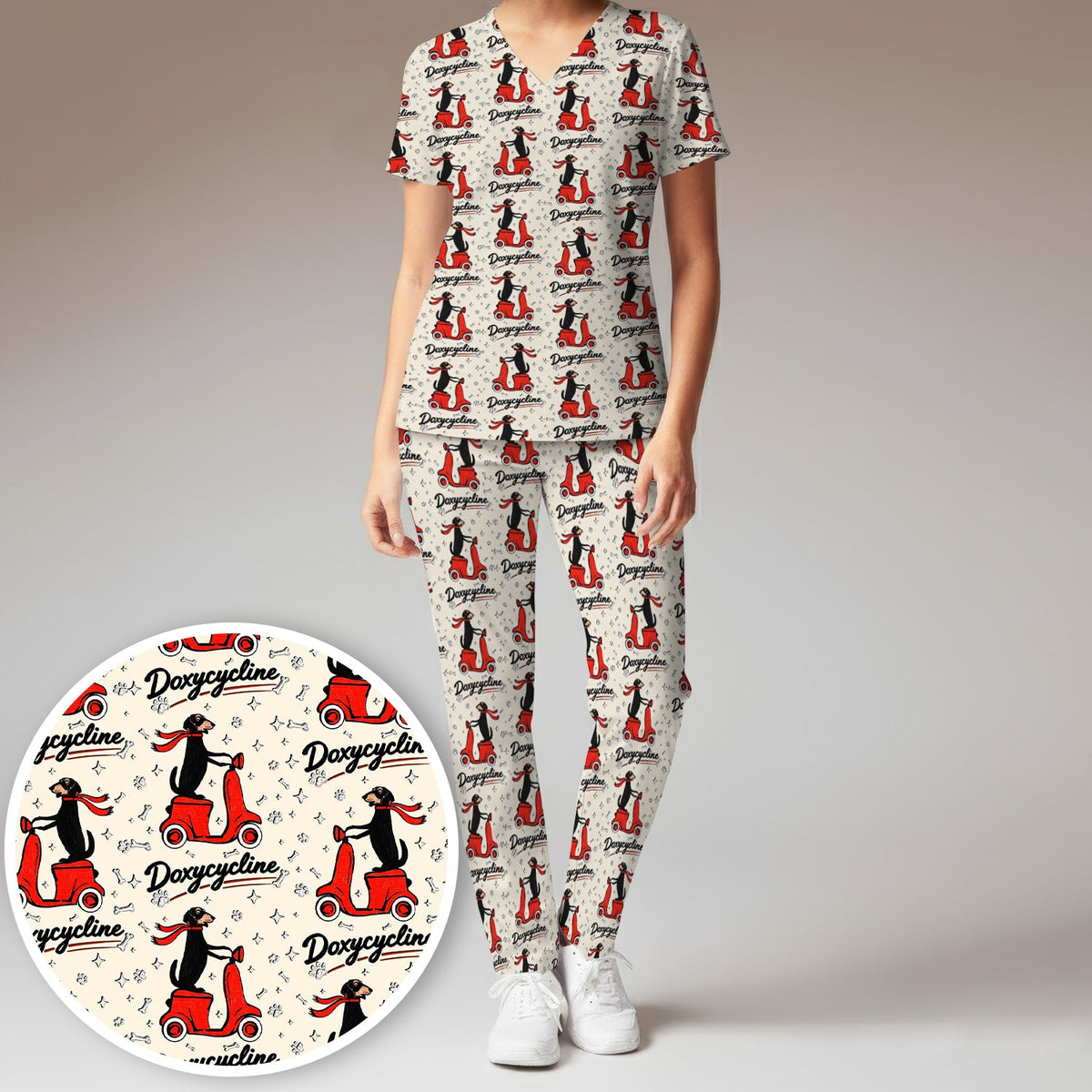 Dachshund Riding Scooter Nurse Scrub Set