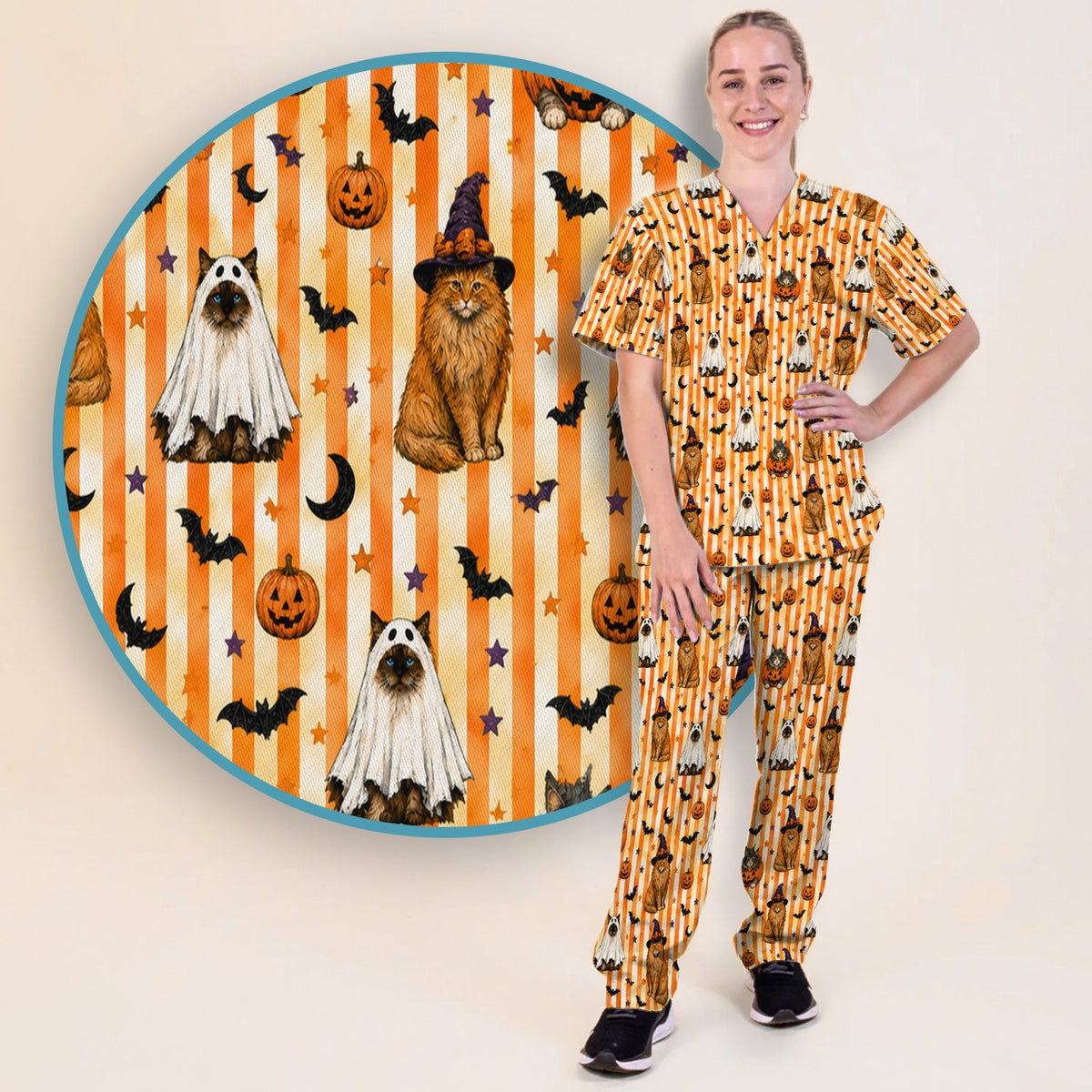 Cat Print Nurse Scrub Set - Halloween Gift