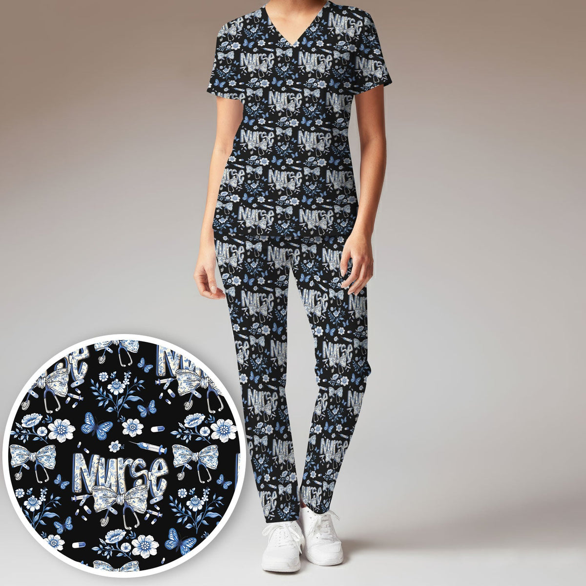 Blue Nurse Bow Butterfly Floral Scrub Set