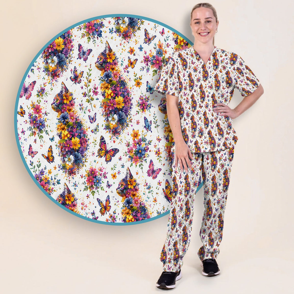 Floral Cat Butterfly Nurse Scrub Set