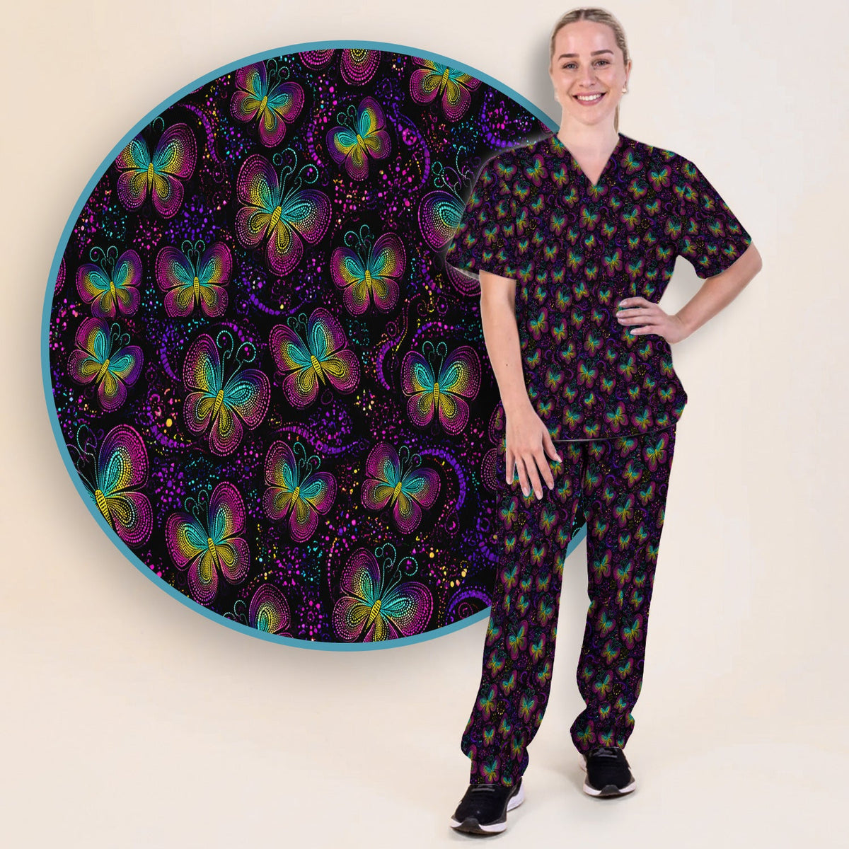 Neon Butterfly Swirl Nurse Scrub Set