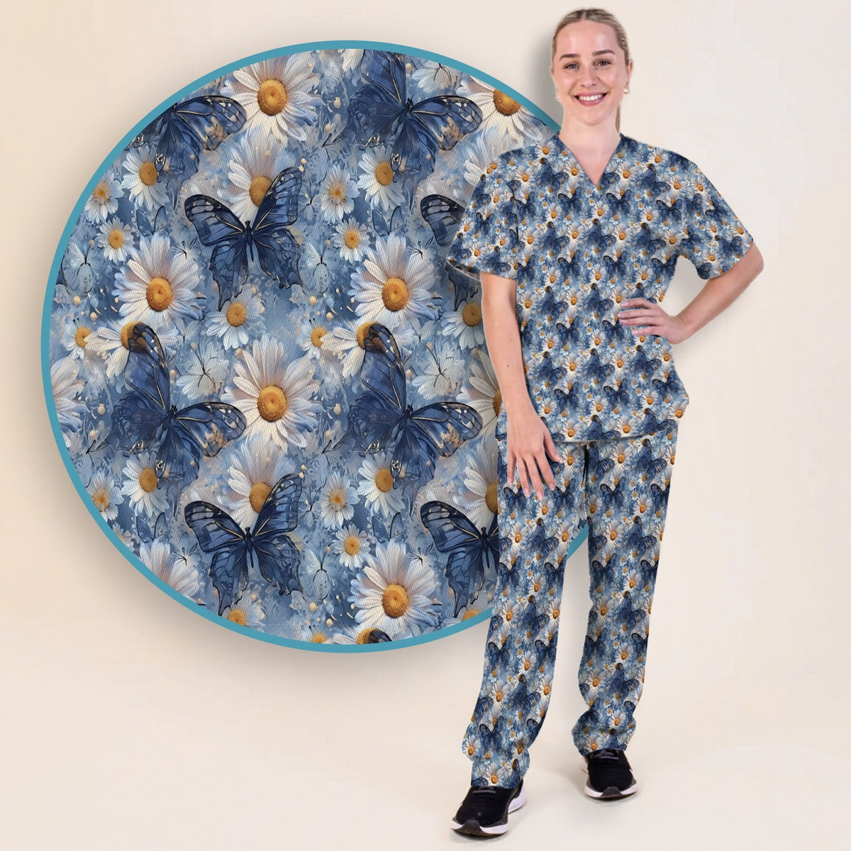 Blue Daisy Butterfly Nurse Scrub Set