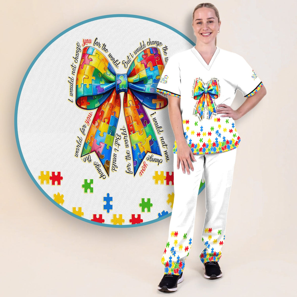 Autism Puzzle Bow Colorful Pieces Nurse Scrub Set