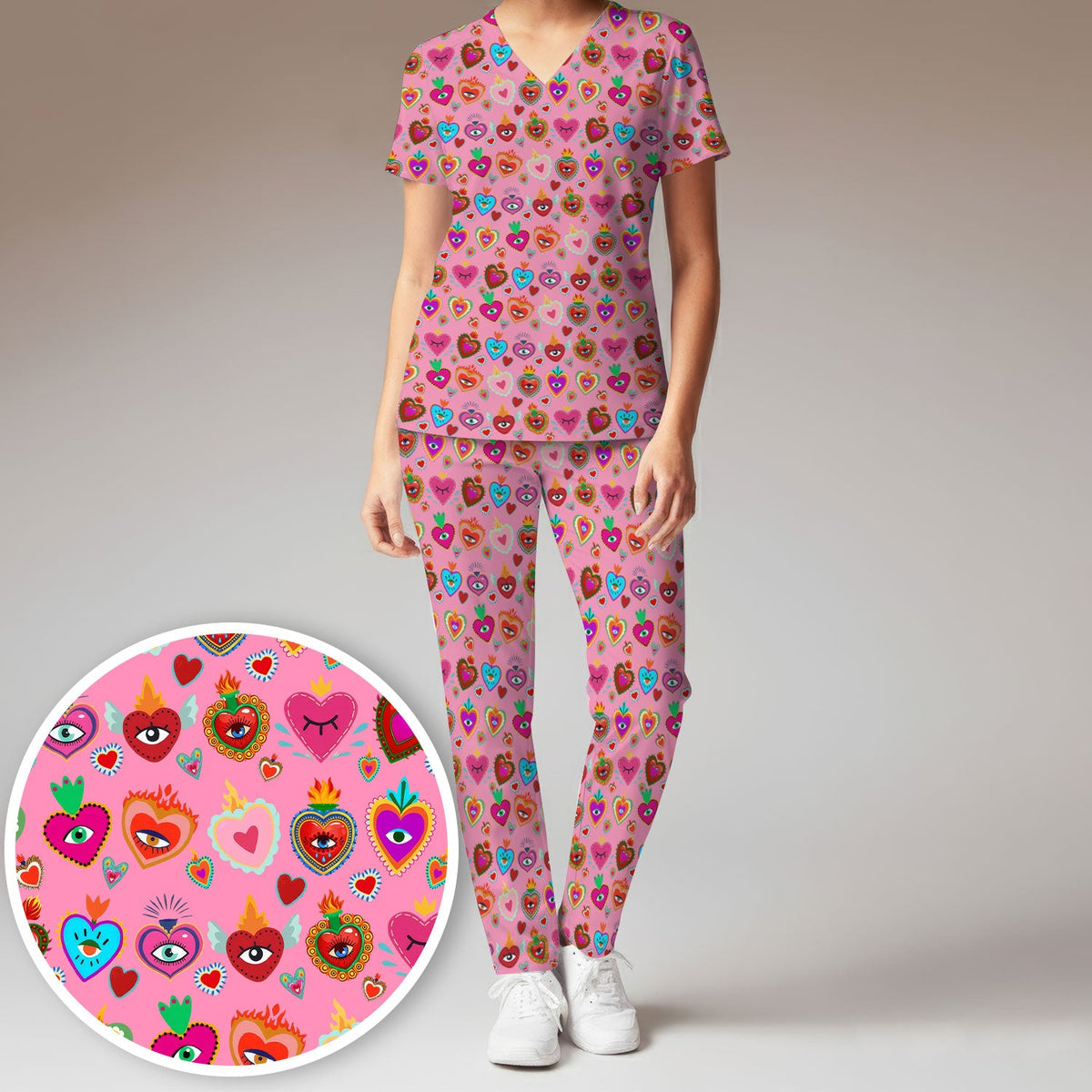 Valentine Colorful Sacred Heart Nurse Scrub Set