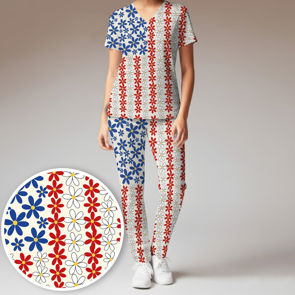 Retro Red Blue Daisy Nurse Scrub Set