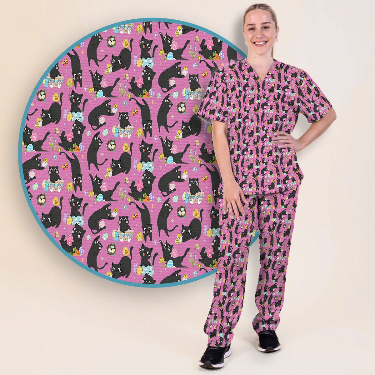 Black Cat Easter Egg Nurse Scrub Set