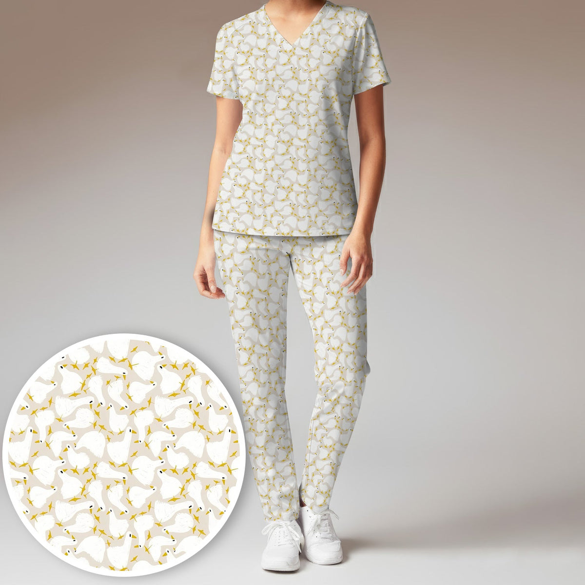 White Goose Yellow Star Nurse Scrub Set