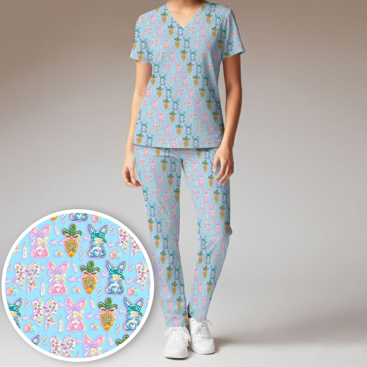 Bunny Carrot Bow Nurse Scrub Set - Easter Gift