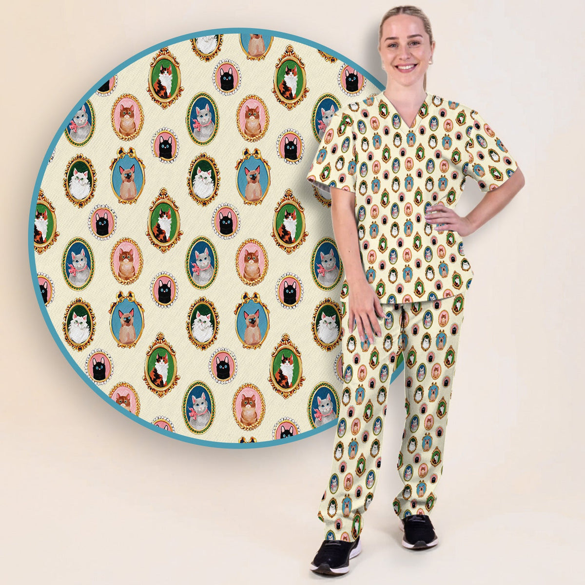 Vintage Cat Portrait Nurse Scrub Set