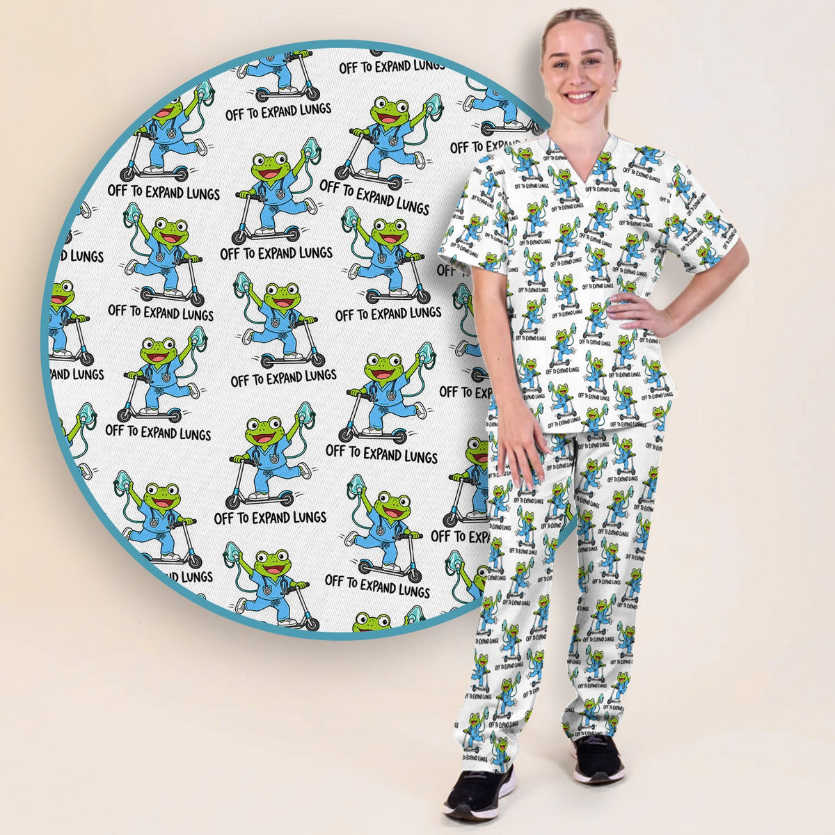 Off To Expand Lungs Frog Nurse Scrub Set